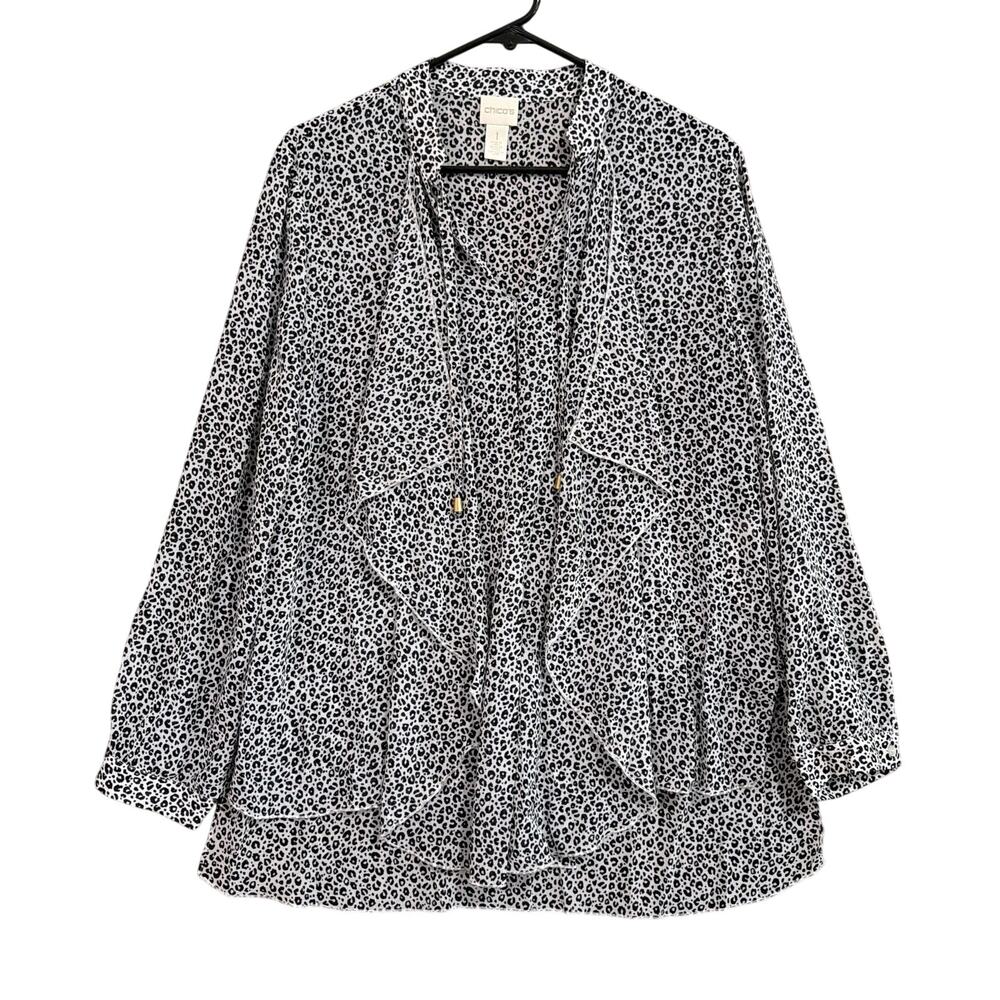 Chicos Womens Blouse White Black Leopard Print Waterfall Tunic Sheer 1 (M)